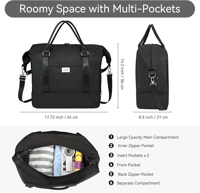 Voova Weekender Bags for Women, Large Travel Duffle Bag for Personal Item Travel with Shoes Compartment, Carry On Overnight Bag with Toiletry Bags 4 Pack Set for Men, Gym, Hospital, Yoga (Black) - Image 2