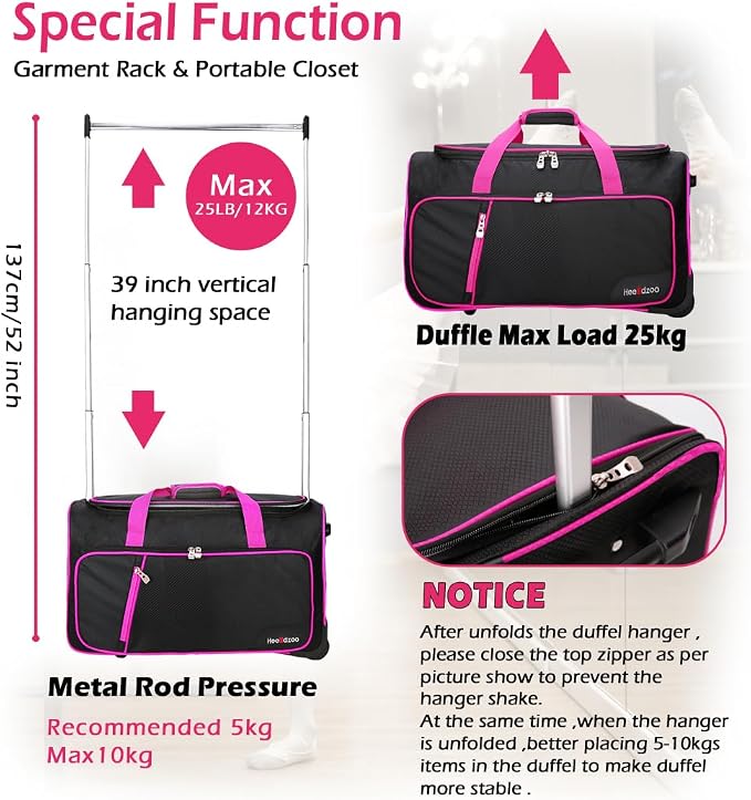 Dance Bag With Garment Rack,23inch Dance Competition Garment Bags with Clothes rack,Suitcase,Rolling duffle For Travel, Wheeled Drop-Bottom Upright Luggage Closet Suitcase (Pink - Image 5
