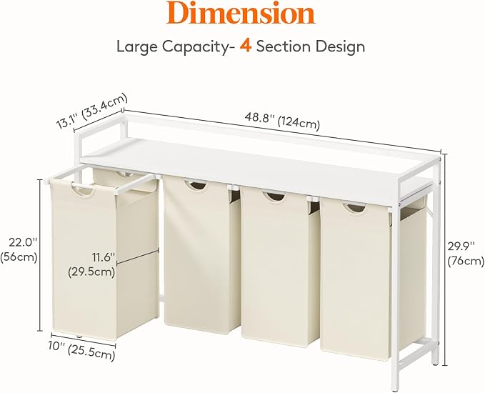 Lifewit Laundry Hamper 4 Section, 168L Pull out Laundry Clothes Basket Organizer with Large Top Shelf and 4 Removable Bags and Handles for Laundry Room Bedroom Bathroom, White with A Shelf - Image 3