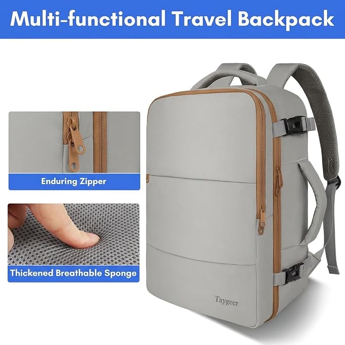 Taygeer 35L Carry On Travel Backpack for Women, Fits 15.6 Inch Laptop | Personal Item Backpack with Water Bottle Pocket, Large Weekender Bag for Women Men Hiking Gift, Dark Brown Khaki - Image 8
