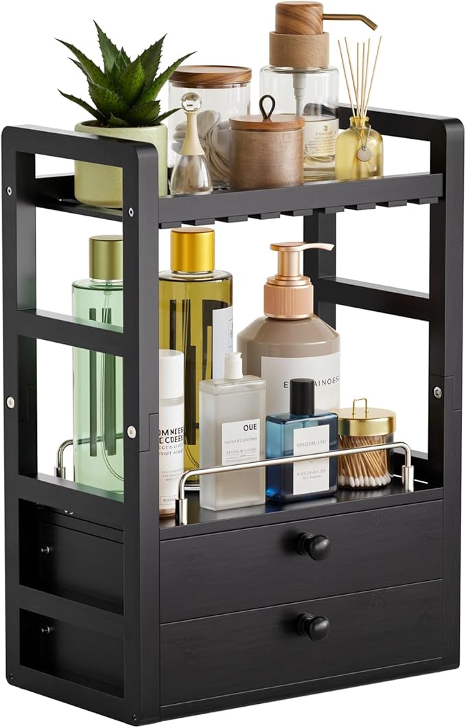 AmazerBath Bamboo Bathroom Countertop Organizer, 2-Tier Makeup Organizer with 2 Drawers, Vanity Organizer Storage Coffee Matcha Station, Compact Shelf for Bathroom Kitchen Office, Black by AmazerBath