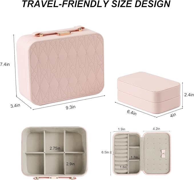 Large Jewelry Travel Organizer, Large Travel Jewelry Box with Removable Jewelry Tray, 2-Layer Jewelry Boxes for Women, Pink - Image 7