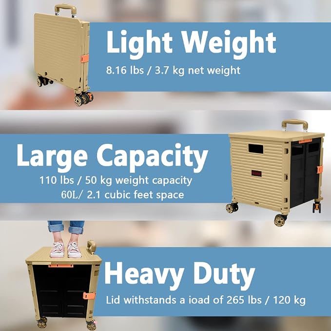 FELICON SELORSS Foldable Utility Cart Folding Portable Rolling Crate-Khaki | Durable,Heavy Duty,Plastic Box,Telescoping Handle,4 Rotate Wheels,Collapsible Handcart for Travel Shop Move Luggage Office - Image 3