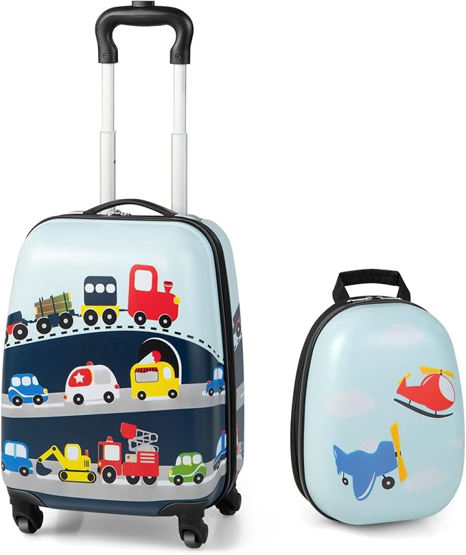 HONEY JOY Kids Luggage, 12" Toddler Backpack & 16" Travel Suitcase with Wheels, Lightweight Toddler Girls Suitcase, Durable ABS Hardshell, 2Pcs Carry On Luggage Set for Boys Girls(Car) by HONEYJOY