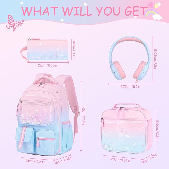 ACESAK Kids Backpack for Girls, Mermaid Backpack Set with Over-ear headphones, Lunch Bag Set for School, Girls Backpack for Elementary Middle school Teen Student(Pink Blue) - Image 2