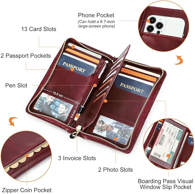 CONTACTS Full Grain Leather Family Passport Holder for 4 RFID Blocking Passport Wallet Large Capacity Wristlet Clutch Purse Red - Image 4