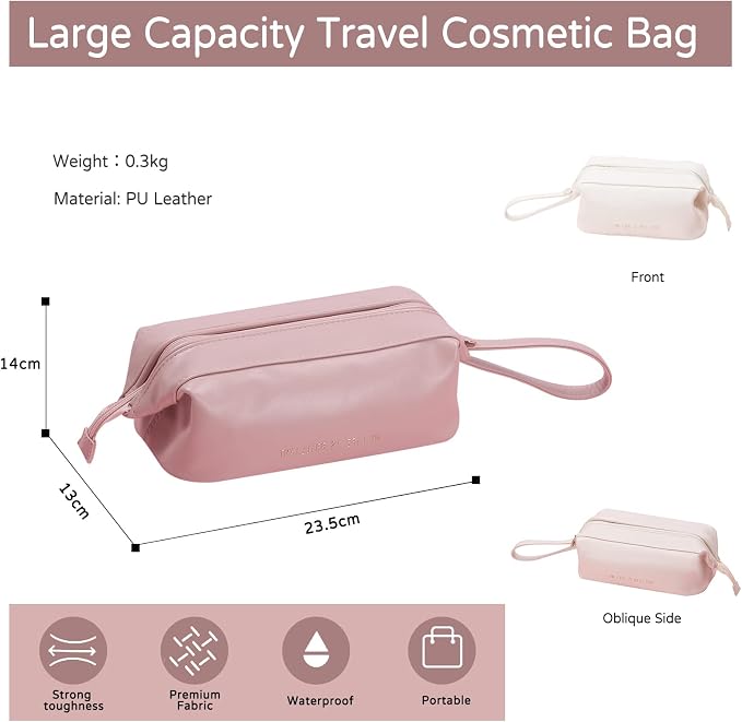 CORIOS Toiletry Bag For Women Portable Make Up Bag Waterproof Wash Bag PU Leather Cosmetic Bag Bathroom Shower Bag Multifunctional Travel Organizer For Shampoo, Cosmetics, Toiletries Pink C - Image 3