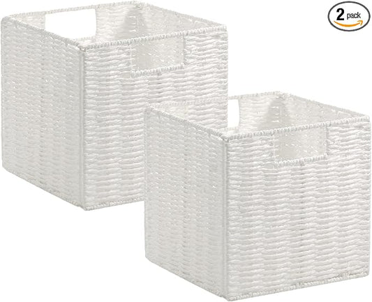 Vagusicc Wicker Storage Basket, Set of 2 Hand-Woven Wicker Baskets for Organizing, Foldable Cube Storage Basket Bins, 13 Inch Large Wicker Storage Baskets for Shelves & Decor, White (13''x13''x13'') by Vagusicc