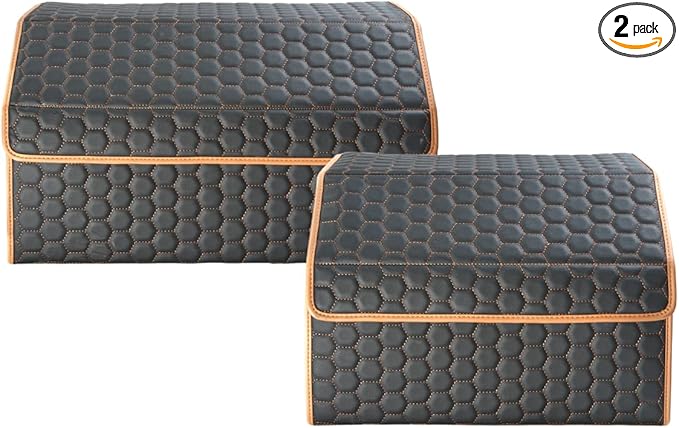 Owleys Rear Cargo Organizer For SUV | Set Of 17.7" & 21.6" Eco-Leather Crates | Foldable Car Storage With Magnetic Lids | Durable Car Trash Bin & Tote | Stylish Gifts For Boyfriend | Black-Brown by OwleysCarAccessories