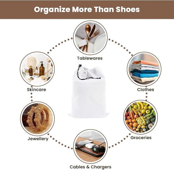 LFH Cotton Rich Shoe Storage Bags with Drawstring, Dustproof Breathable Reusable Organizer, Perfect For Travel, Dorm, Hotel, College, Gym, Easy to Carry, Machine Washable 8"x17" (Pack of 2) - White - Image 9