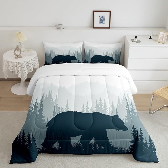 Woodland Comforter Set for Kids Boys Girls Teens,Bear Wild Animal Silhouette Bedding Set Twin Size,Natural Tree Down Comforter Home Room Decor,Misty Mountain Quilted Duvet Warm with 1 Pillow Sham by Erosebridal