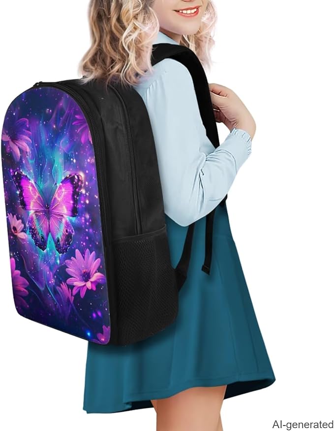 Galaxy Butterfly Backpack for Girls Kids Backpack with Lunch Box Water Bottle Pouch and Soft Pencil Case 4PCS Set Bookbag with Compartments for School Teens 17 inch School Bag with Side Pocket - Image 2