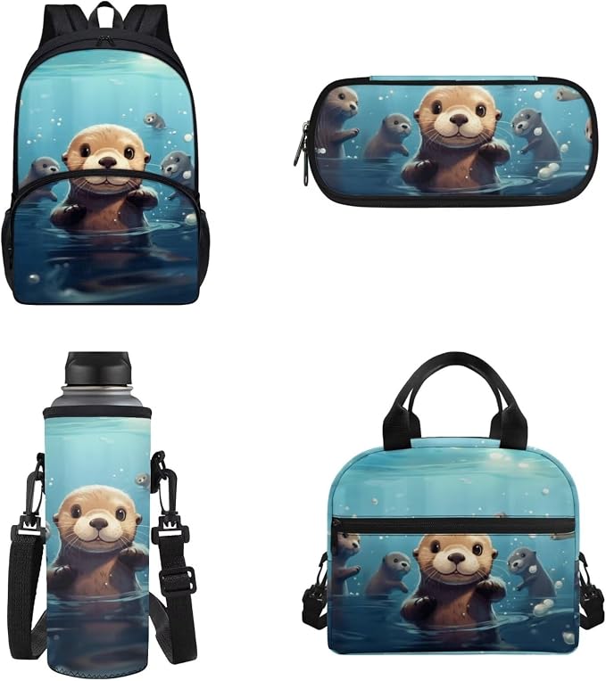Cute Otter Backpack with Lunch Box，Pencil Bag，Bottle Carrier Bag Sling Bags，4 Pcs Children Schoolbag Set for Boy Girl Preschool，Primary,Middle School Bookbag by Chririnla