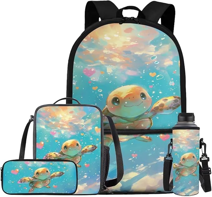 Cute Sea Turtle Backpack for Girls Kids Backpack with Lunch Box Water Bottle Holder with Strap and Large Pencil Case 4PCS Set Bookbag with Front Pocket 17 inch Sturdy Elementary School Bag by ELEDIZI