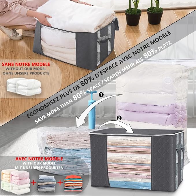 VOUNOT Set of 9 Clothes Storage Bag with Large Capacity Vacuum Bag 3 Foldabale EDENOO Storage bag with Reinforced Handle 3 Vacuum Bags with Hand Pump for Bedding and Clothes - Image 4