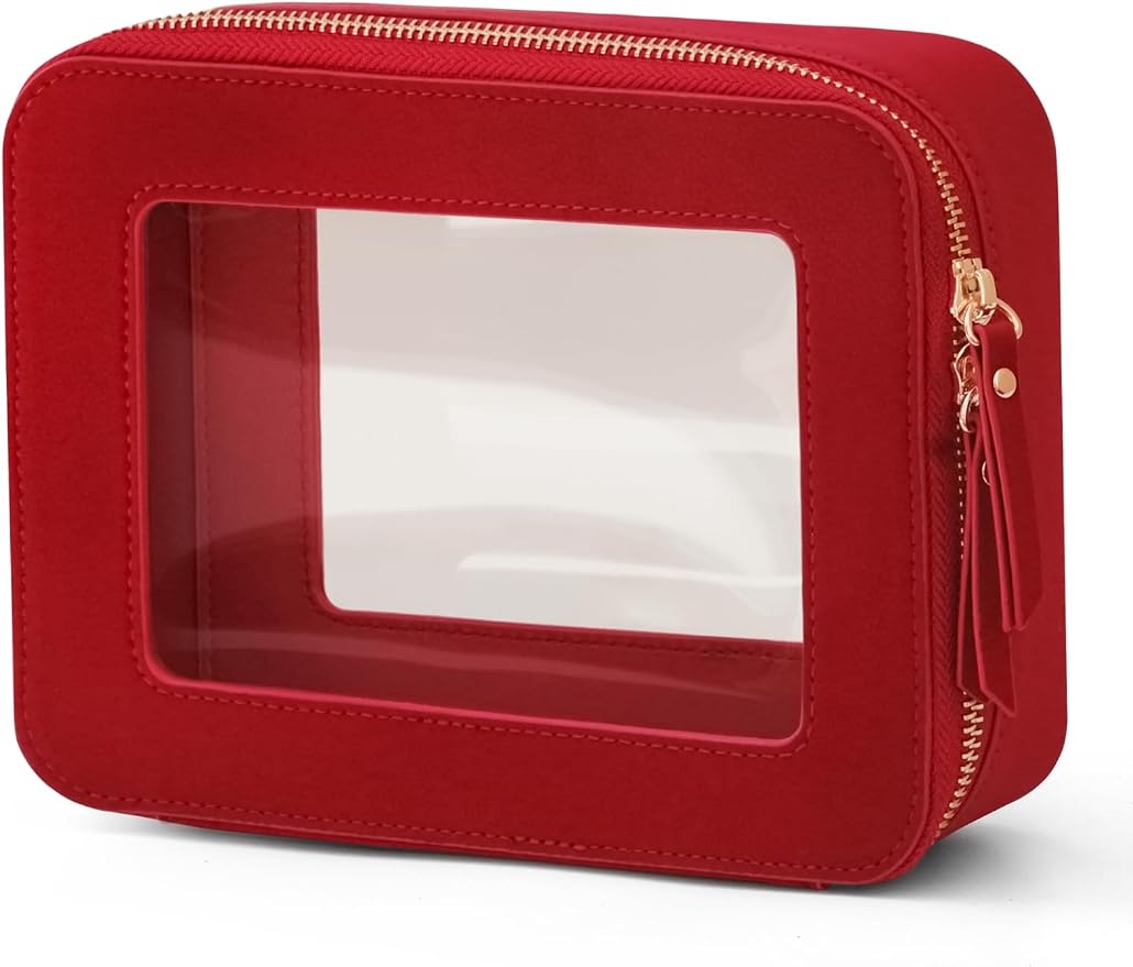 Popvibe Clear Makeup Bag Travel Cosmetic Case Toiletry Bag with Zipper, Red, Medium by POPVIBE