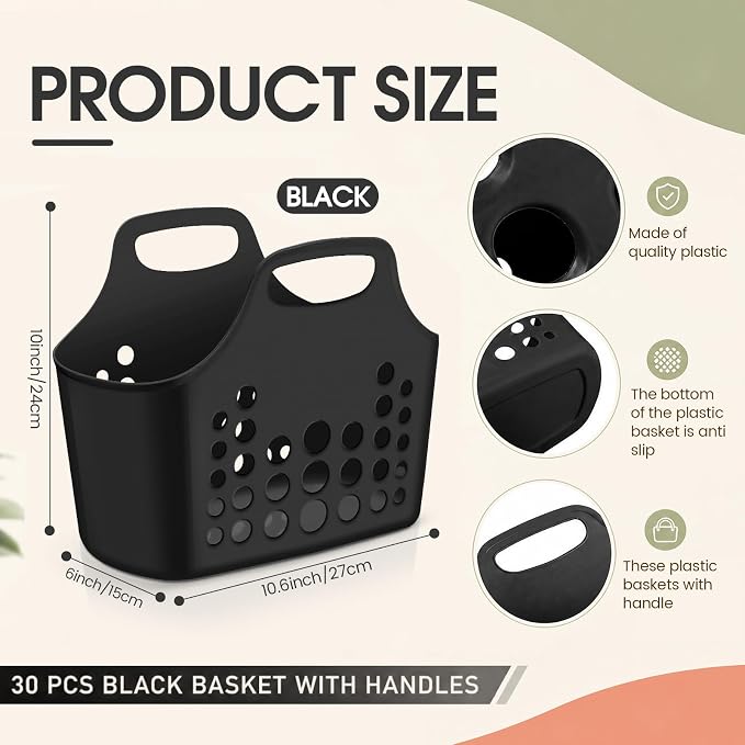 Nuogo 30 Pack Black Basket with Handles Plastic Oval Carry Totes with Handles Caddy Multipurpose Organizer Reusable for Bathroom Dorm Communal Showers Kitchen School, 10.6" x 6" x 10" - Image 2