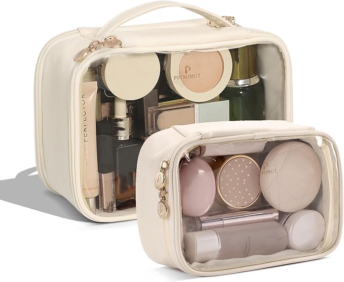 Pocmimut Clear Makeup Bags,Small Makeup Pouch with Large Cosmetic Bag Toiletry Bag Car Accessories Storage for Women,Travel Essentials Organizers,Beige by Pocmimut