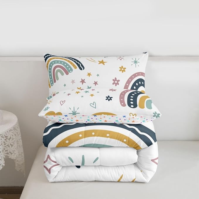 Girls Rainbow Comforter Set Queen Size, Kawaii Decor Bedding Set For Kids Boys Children Teens Bedroom Decor, Iridescent Sun Duvet Insert Hand Drawn Rainbow Down Comforter All-Season Quilt, Colorful - Image 7