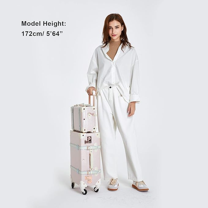 COTRUNKAGE Vintage Luggage Sets for Women, 20" Small Pink Carryon Luggage 2 Piece with Spinner Wheels, 13" Travel Cosmetic Train Case, Cherry Pink - Image 6