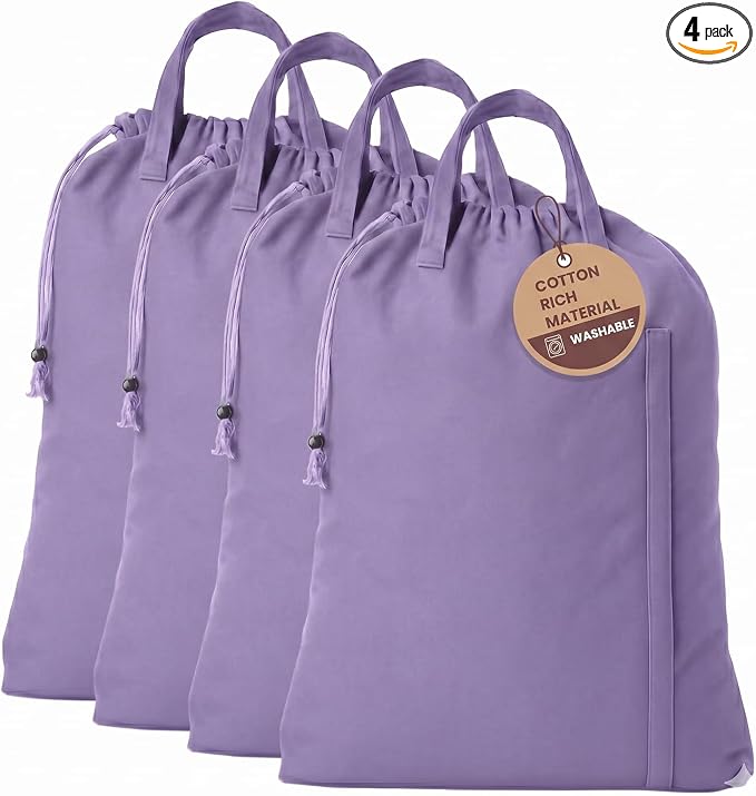 LFH Home Cotton Rich Large Premium Canvas Laundry Bag, Heavy Duty Washable Laundry Hamper with Drawstring & Handles, Multi-Use Clothes Storage for Home, Travel & College 24"x36" (Pack of 4) - Lavender by LFHHomePrivateLimited