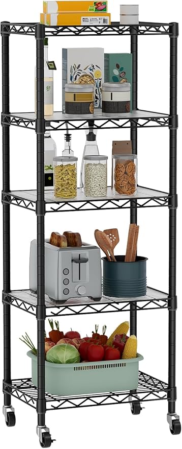 Golpart Small 5 Tier Shelves Storage Wire Shelving Unit Metal Shelf Adjustable Organizers Storage Shelving with Wheels for Bathroom Laundry Room Kitchen Pantry11.7”D x 17.7”W x 57.2”H Black by Golpart