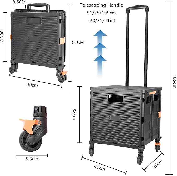 FELICON SELORSS Foldable Utility Cart Folding Portable Rolling Crate-Black | Heavy Duty,Telescoping Handle,4 Rotate Wheels,Collapsible Handcart for Travel Shop Move Luggage Laundry Teacher Office Use - Image 7