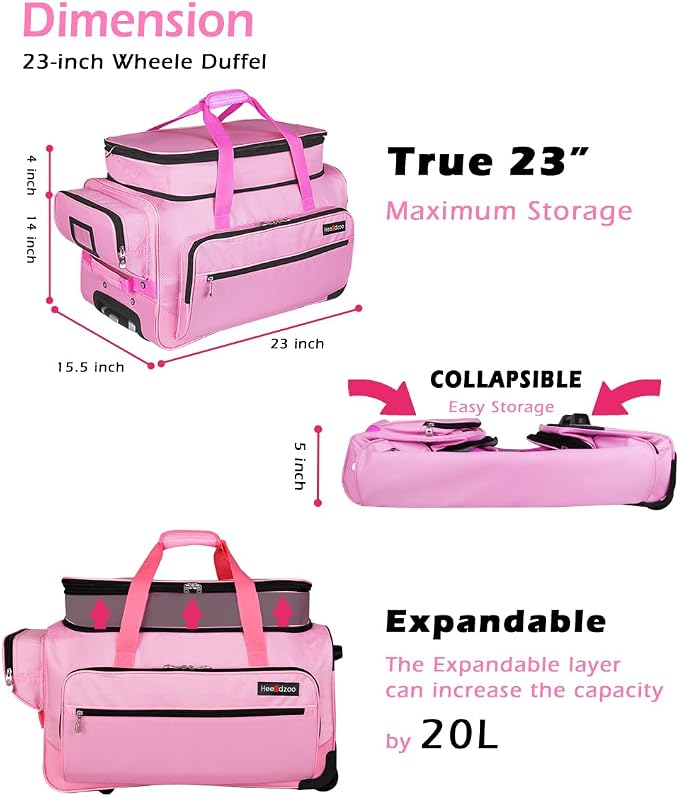 Dance Bag with Garment Rack,23inch Dance Competition Garment Bags with Clothes Rack,Suitcase,Rolling Duffle for Travel, Wheeled Drop-Bottom Upright Luggage Closet Suitcase(Expand-Pink - Image 2
