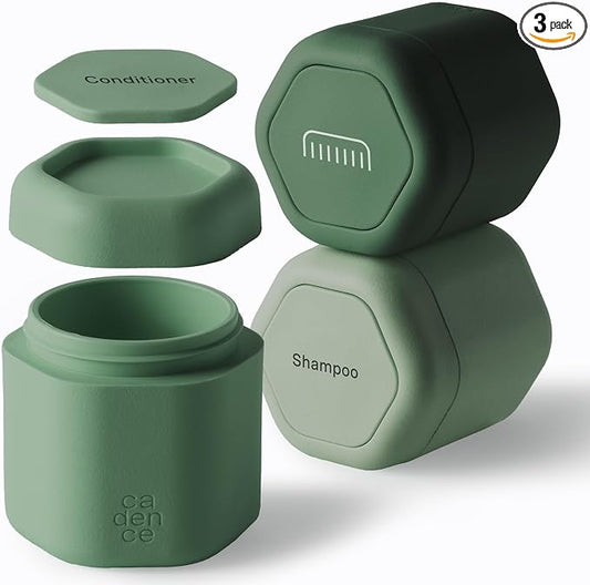 Cadence Travel Containers Haircare Capsule Set - Magnetic Containers with Lids,Carry On Travel Essentials For Women/Men - 3 Flex Mediums (1.32oz) - Shampoo, Conditioner & Comb Icon Labels - Evergreen by KeepYourCadence
