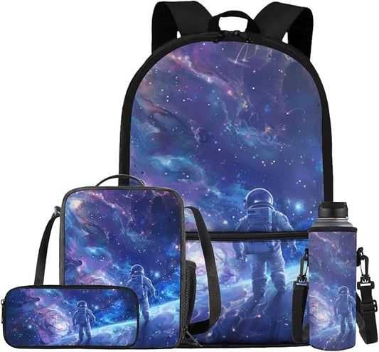 Galaxy Astronaut Backpack for Kids Boys Backpack with Lunch Box Water Bottle Carrier and Canvas Pencil Pouch 4PCS Set Bookbag with Front Pocket 17 inch School Bag with Side Pocket for Girls by ELEDIZI