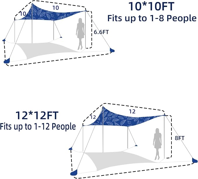 UMARDOO Family Beach Tent Canopy Sun Shade Portable, Large Compact Beach Sun Shelter Easy Setup with Packable Bag for Outdoor Travel (Printed Blue, 12X12 FT. 4Poles) - Image 7