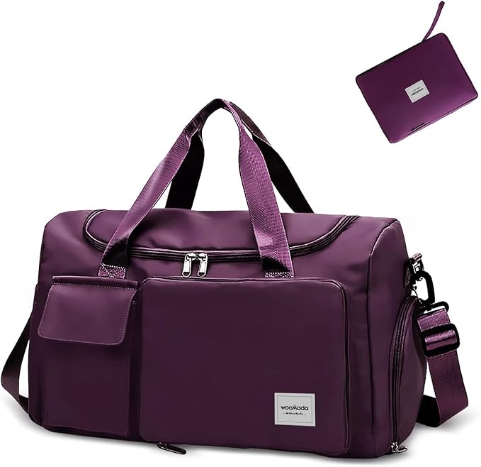 WOOMADA Foldable Travel Duffel Bag with Shoes Compartment, Overnight Bag with Wet Pocket & Trolley Sleeve, Weekender Bags for Women (purple) by WOOMADA