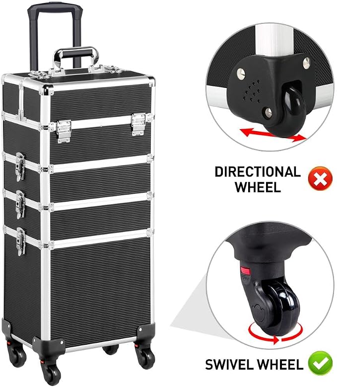 Topeakmart 4-in-1 Cosmetology Case on Wheels Lockable Makeup Trolley Black | Reinforced with aluminum trim and steel corners, this rolling makeup train case organizes and locks supplies anywhere - Image 6