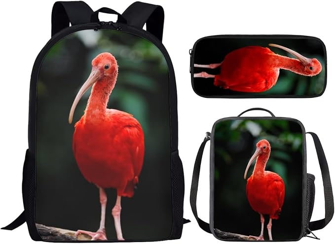 Girls Boys School Backpack with Lunch Box Pencil Case Comfy Padded Lightweight Bird Ibis Backpack Set Kids Cute Bookbag Insulated Lunch Bag Student Large Capacity Daypack 17 Inch - Image 2