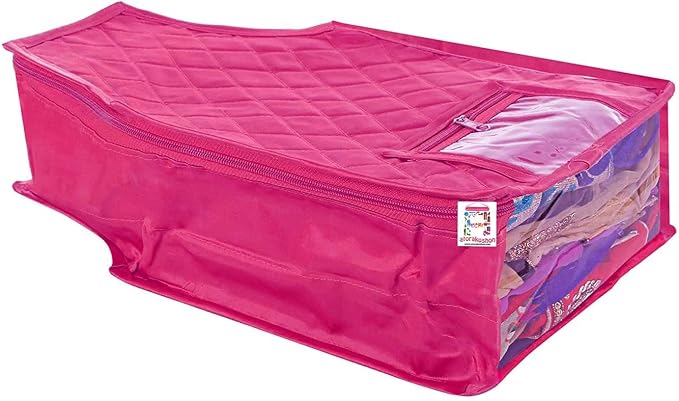 atorakushon Set of 5 Fabric Satin Saree and Blouse Covers Garments Clothes Storage Bag Wardrobe Organizers With Double Zip Lock & Transparent Window (Pink) - Image 3