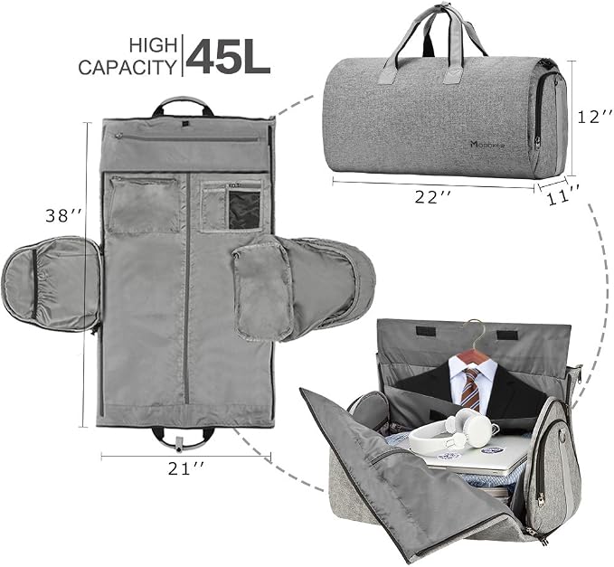 Modoker Convertible Garment Bag with Shoulder Strap, Carry on Garment Duffel Bag for Men Women - 2 in 1 Hanging Suitcase Suit Travel Bags, Grey - Image 2