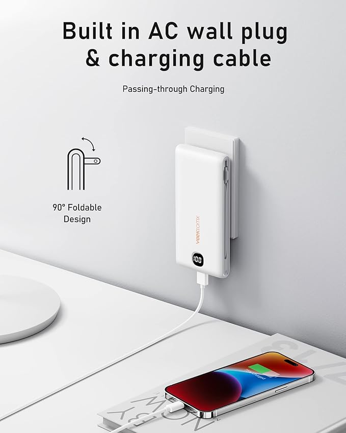 VEEKTOMX Portable Charger with Built in Cables 10000mAh, Power Bank for iPhone with AC Wall Plug, Fast Charging USB C Slim Battery Pack with LED Display Compatible with iPhone 17/16/15/14, Samsung