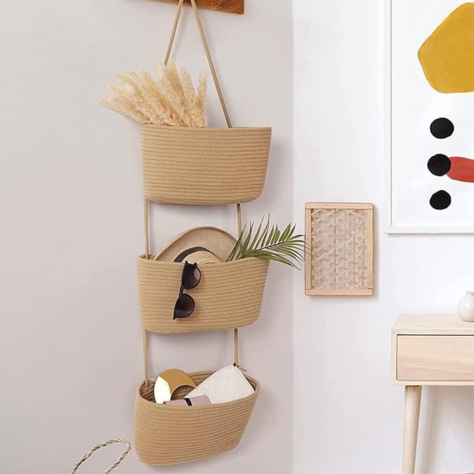 3-Tier Over the Door Hanging Basket, Wall Mount Hanging Storage Organiser Bag, Cotton Rope Woven Storage Solution with Hook, Decorative Hanging Baskets for Bedroom, Living Room, Bathroom, Nursery (B) - Image 5