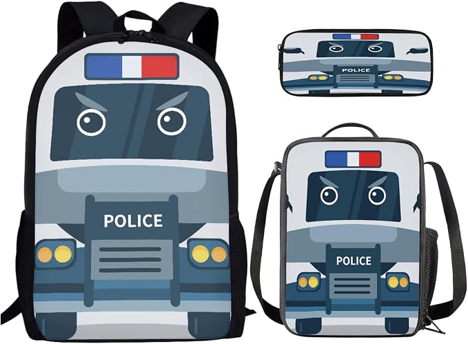 Police Bus Backpack Set with Lunch Bag and Pencil Bag, Cartoon Police Bus Backpack for Kids Lightweight Bookbag for Boys and Girls, Primary Middle School Students Schoolbag Set by PCSJRKG