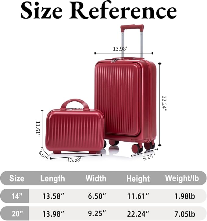 2 Pcs ABS Spinner Luggage Set - 14" Cosmetic Case & 20" Carry-On with Combination Lock, Front Opening Design, Red - Image 7