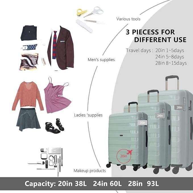 GinzaTravel PP material 3-piece expandable luggage sets with Spinner Wheels， Suitcase with TSA Lock，Large Luggage for Family Travel carry on 20/24/28，Azure water color - Image 6