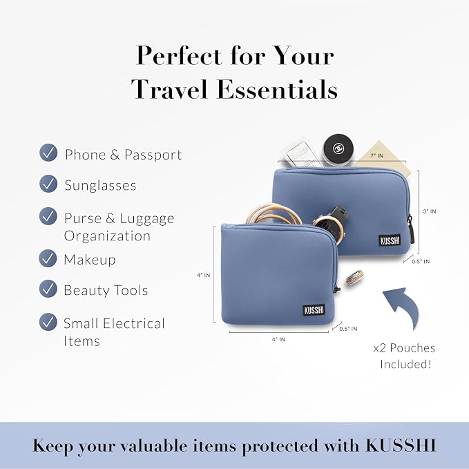 KUSSHI 2pc Neoprene On-The-Go Pouch Set - Passport Holder and Travel Zipper Makeup Pouch for Purse Organization, Electronics, Glasses & Valuables (Pearl Blue) - Image 5