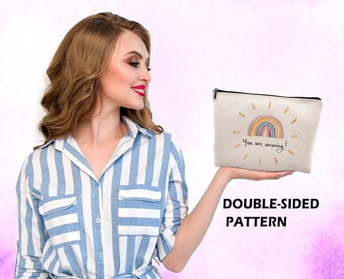 You Are Amazing Makeup Cosmetic Bag, Watercolor Rainbow Linen Makeup Travel Toiletry Bag, Inspirational Cosmetic Bag Gifts For Women Girls Wife Her Sister Mom Girlfriend