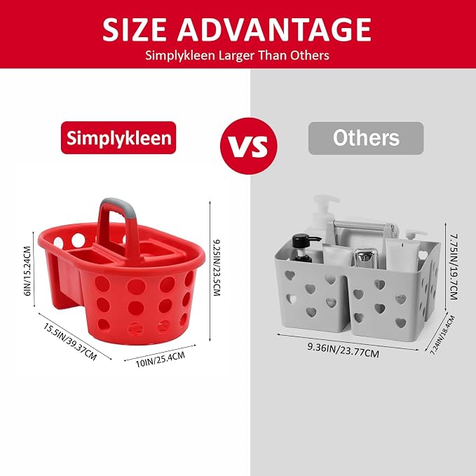 SIMPLYKLEEN Large Shower Caddy Portable 2PC - Made in USA Plastic Jumbo Size Dorm Storage Candy Tote with Handle Shower Organizer for Bathroom, Pantry, Kitchen, College Dorm, Red - Image 2