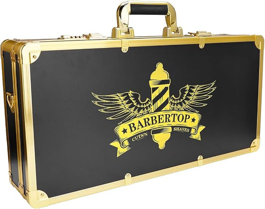 Professional Barber Supplies Case, Barber Cases for Clippers and Supplies, Hairdressing Tools Storage Case with Handle and Secure Numlock, Barber Travel (Golden) by WelcometoBarberTop