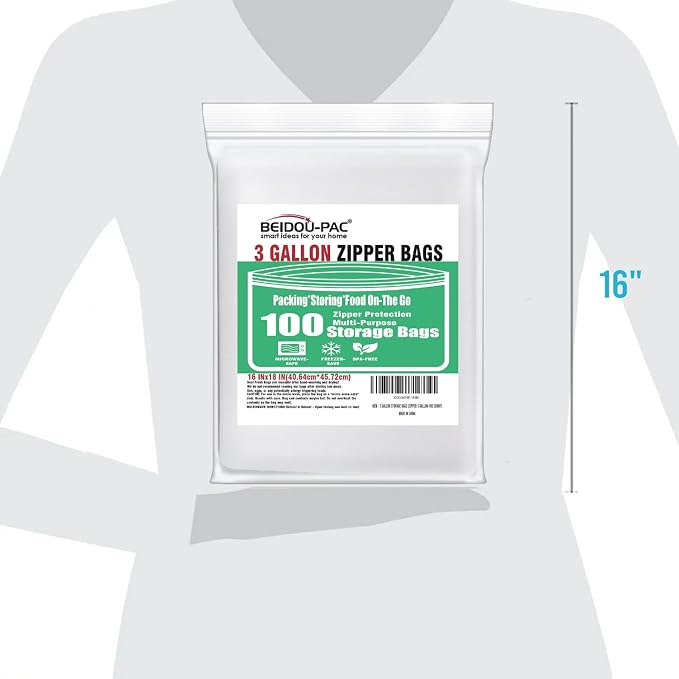 BEIDOU-PAC 3 Gallon Large Plastic Bags with Zipper Top, | 100 Count | 2 Mil | 16" x 18" | Heavy-Duty Reusable Clear Freezer Storage Bags - Image 7