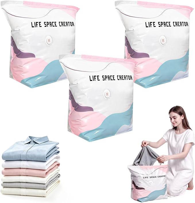 3PCS No Pump Vacuum Storage Bags, No Pump Large Vacuum Storage Compression Bags, Thick Airtight Reusable Organizer for Clothes Comforters Travel Moving Closet Storage (M) by Unknown
