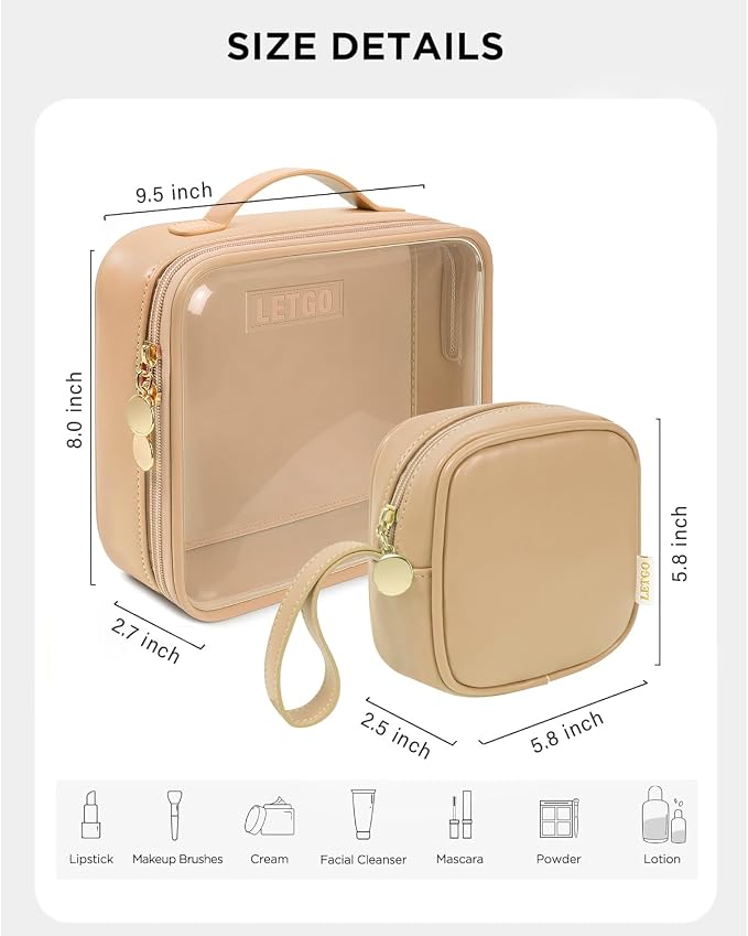 LETGO Travel Toiletry Bag for Women with Small Make Up Bag for Purse,Large Clear Toiletry Bag Lightweight Wide-open Travel Bag for Women, Cosmetic Makeup Bag Organizer(Handle-Sand, Large+Mini) - Image 2
