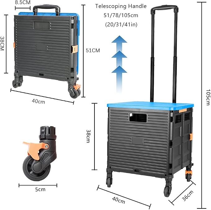 FELICON SELORSS Foldable Utility Cart Folding Portable Rolling Crate-Blue | Heavy Duty,Telescoping Handle,4 Rotate Wheels,Collapsible Handcart for Travel Shop Move Luggage Laundry Teacher Office Use - Image 7