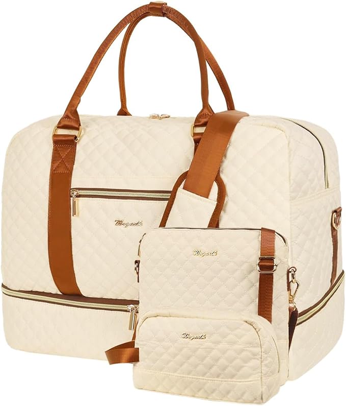 Wogarl 3PCS Weekender Bags for Women Large Overnight Bag Weekend Travel Duffel Bag Carry on Shoulder with Shoe Compartment Canvas Toiletry Bag for Travel Business Gym,Beige by Wogarl